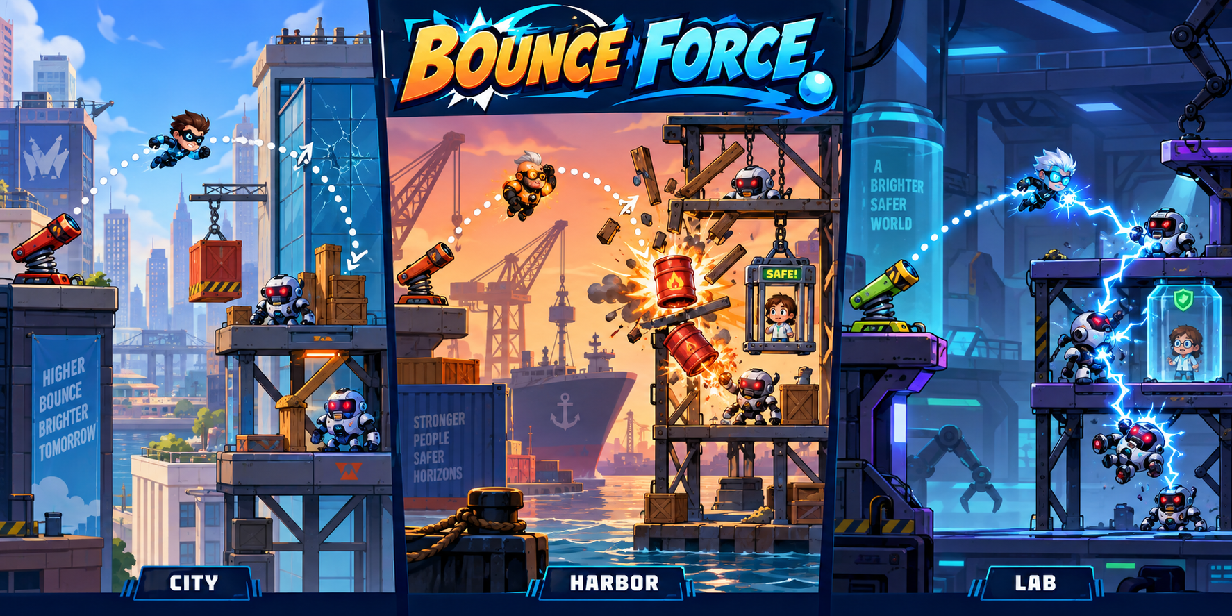 Illustrazione di Bounce Force con eroi, robot e traiettorie tra città, porto e laboratorio